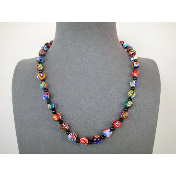 Millefiori Glass Bead Necklace With Black Spacer Beads 16 Inches Long - Picture 1 of 4